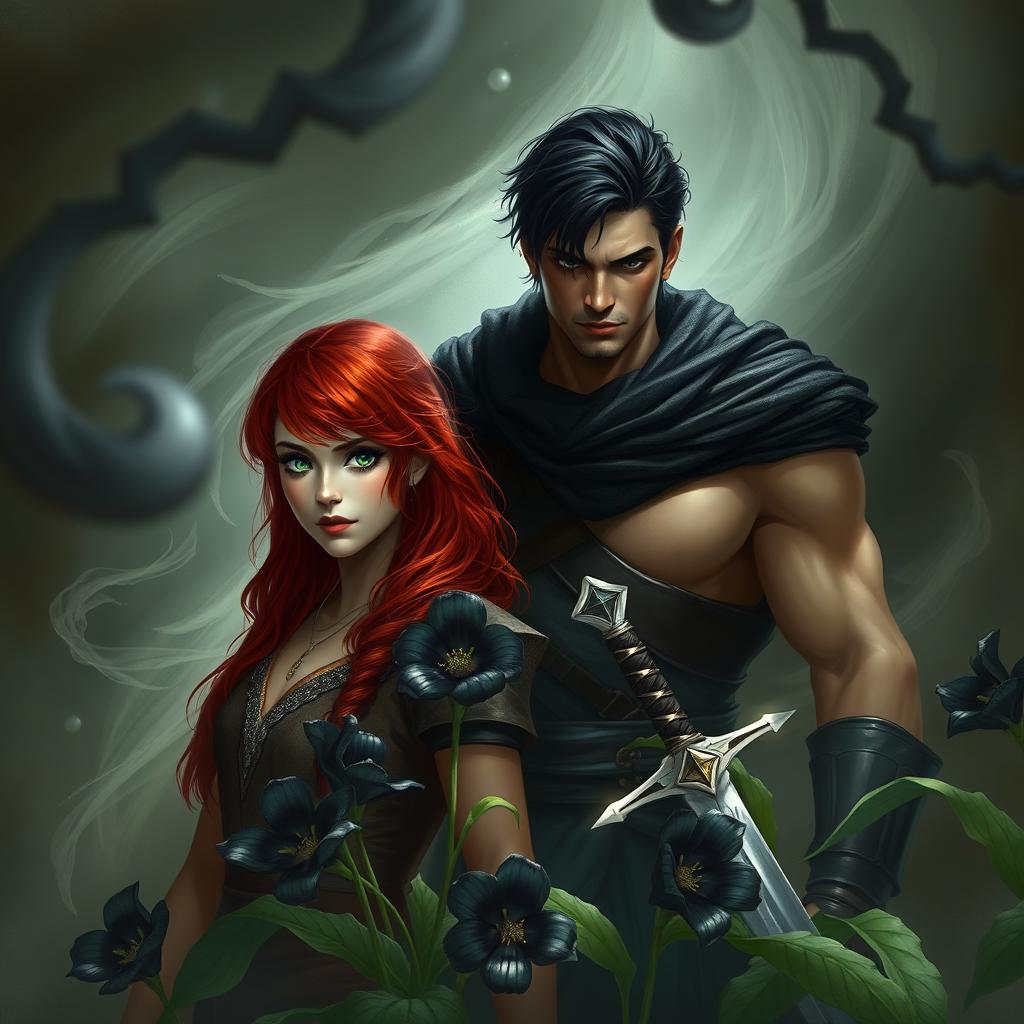 A captivating fantasy scene featuring a modest and natural red-haired woman with one blue eye and one green eye, alongside a muscular and brooding man with black hair dressed in warrior attire