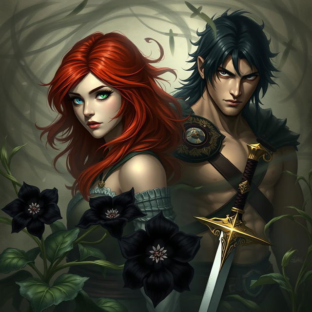 A captivating fantasy scene featuring a modest and natural red-haired woman with one blue eye and one green eye, alongside a muscular and brooding man with black hair dressed in warrior attire