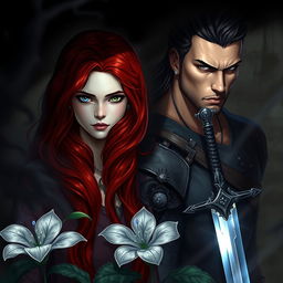 A captivating fantasy scene featuring a modest and natural red-haired woman with one blue eye and one green eye, alongside a muscular and brooding man with black hair dressed in warrior attire