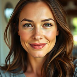 A 35-year-old woman of European descent with natural beauty and no makeup, exuding confidence and charm