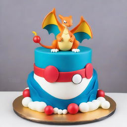 A sophisticated Pokemon-themed cake designed for adult men, featuring majestic pokemon like Charizard and Gyarados positioned around a sleek, stylish Poke Ball centerpiece