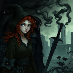 A mesmerizing fantasy scene showcasing a witch with curly orange hair, modestly dressed, featuring one blue eye and one green eye