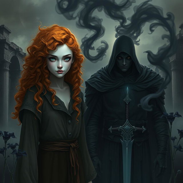 A mesmerizing fantasy scene showcasing a witch with curly orange hair, modestly dressed, featuring one blue eye and one green eye