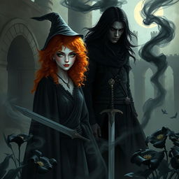 A mesmerizing fantasy scene showcasing a witch with curly orange hair, modestly dressed, featuring one blue eye and one green eye