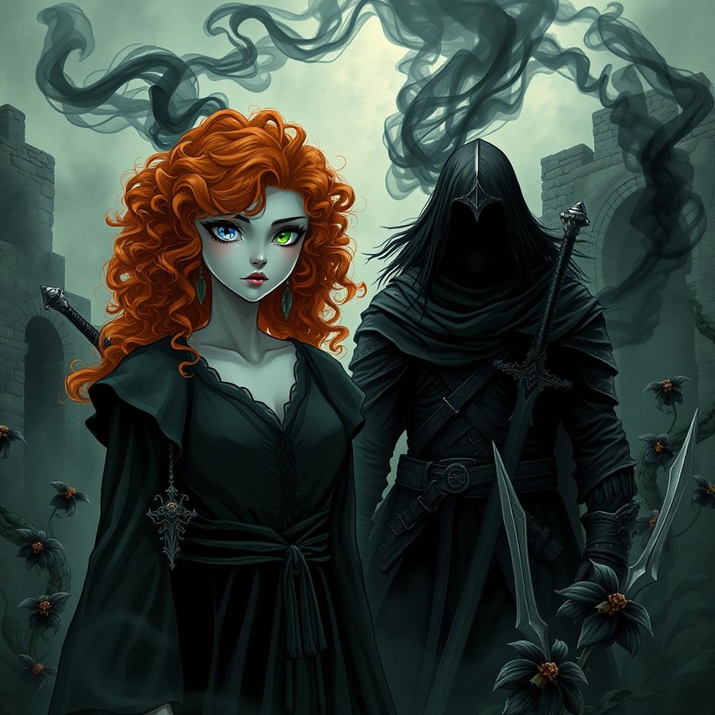 A mesmerizing fantasy scene showcasing a witch with curly orange hair, modestly dressed, featuring one blue eye and one green eye