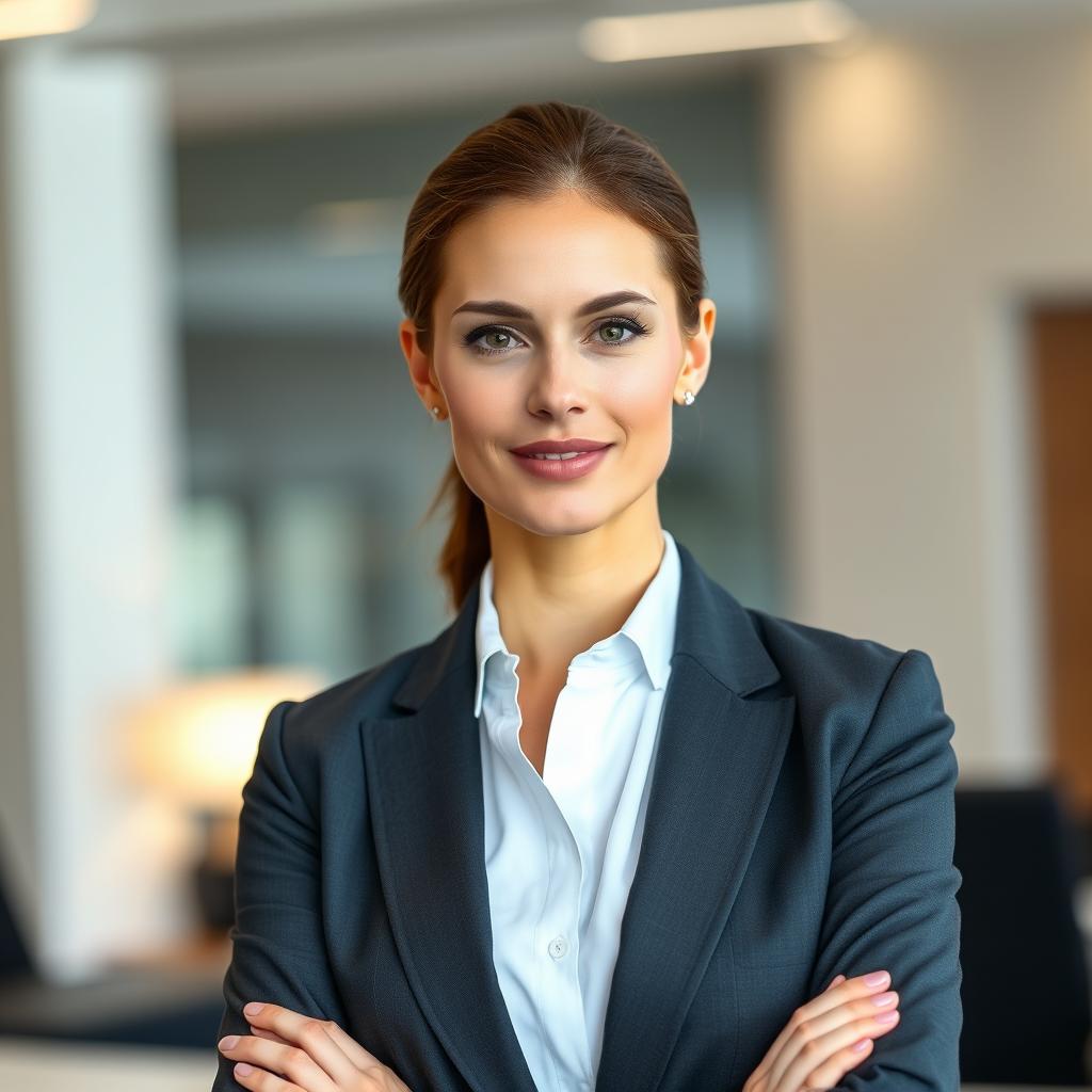 A 35-year-old woman from Denmark, embodying natural beauty and confidence, dressed in a sophisticated business suit that reflects her professional demeanor