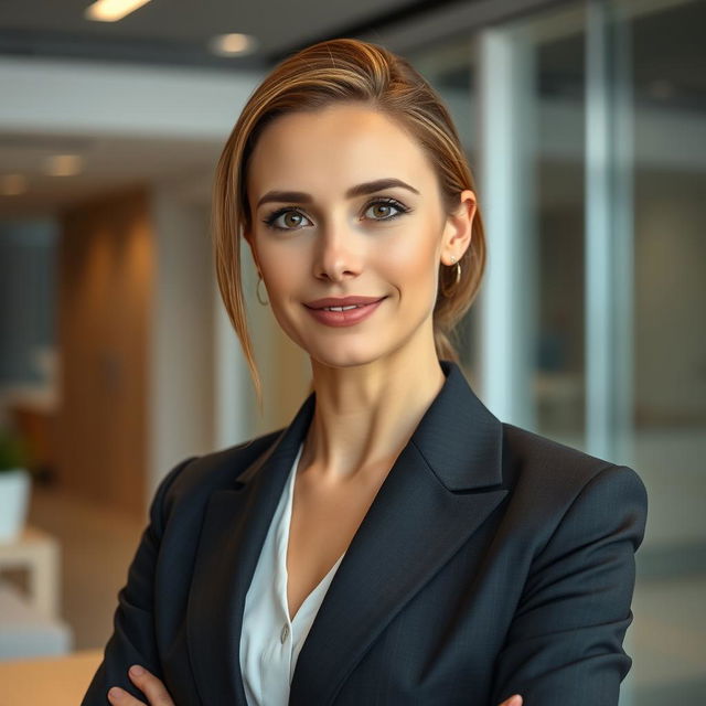 A 35-year-old woman from Denmark, embodying natural beauty and confidence, dressed in a sophisticated business suit that reflects her professional demeanor
