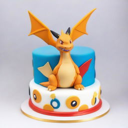 A sophisticated Pokemon-themed cake designed for adult men, featuring majestic pokemon like Charizard and Gyarados positioned around a sleek, stylish Poke Ball centerpiece