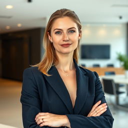A 35-year-old woman from Denmark, embodying natural beauty and confidence, dressed in a sophisticated business suit that reflects her professional demeanor