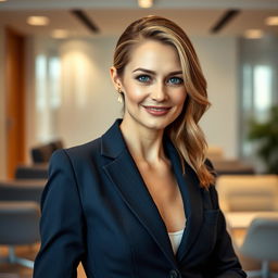 A 35-year-old woman from Denmark, showcasing her natural beauty without any makeup, dressed in a stylish office suit that reflects her professionalism