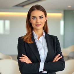 A 35-year-old woman from Denmark, showcasing her natural beauty without any makeup, dressed in a stylish office suit that reflects her professionalism