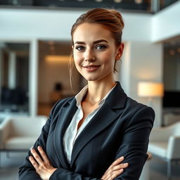 A 35-year-old woman from Denmark, showcasing her natural beauty without any makeup, dressed in a stylish office suit that reflects her professionalism