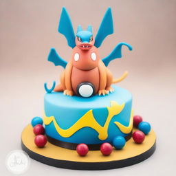 A sophisticated Pokemon-themed cake designed for adult men, featuring majestic pokemon like Charizard and Gyarados positioned around a sleek, stylish Poke Ball centerpiece