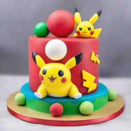 A vibrant Pokemon-themed birthday cake, the crown garnished with the likes of Pikachu and Bulbasaur playfully prancing around a sugary Poké Ball