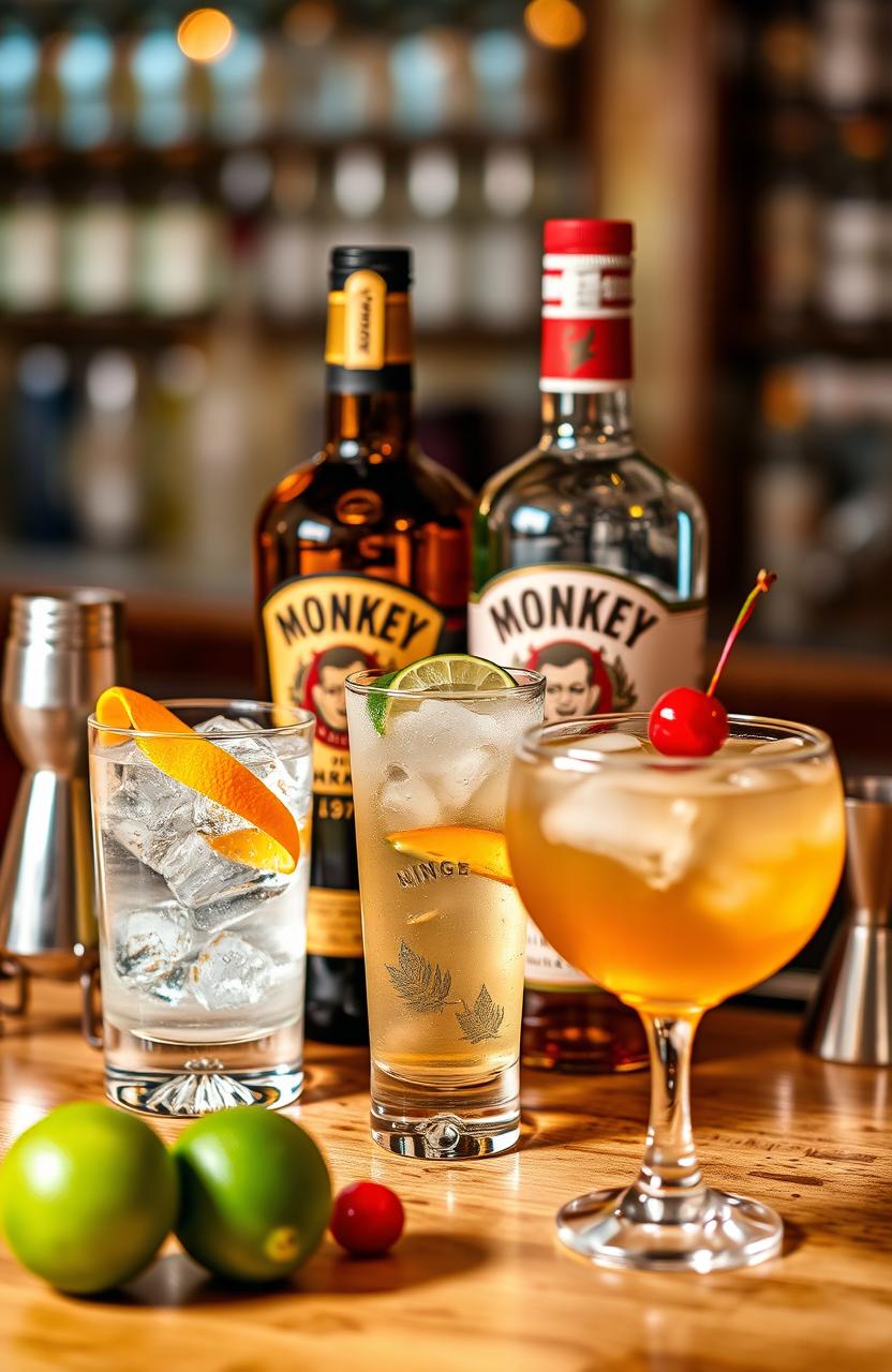 A visually appealing bar scene featuring a selection of Monkey Shoulder whisky cocktails
