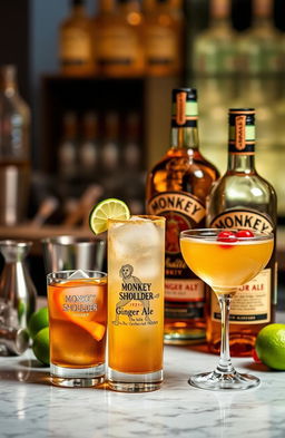 A visually appealing bar scene featuring a selection of Monkey Shoulder whisky cocktails