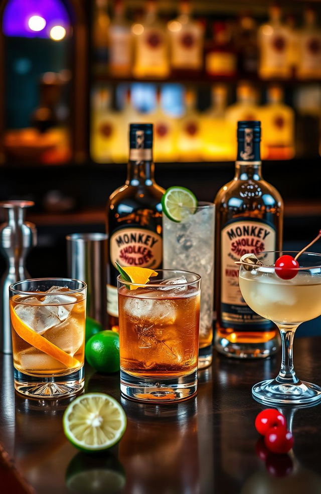 A visually appealing bar scene featuring a selection of Monkey Shoulder whisky cocktails