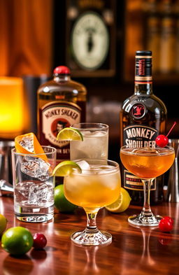A visually appealing bar scene featuring a selection of Monkey Shoulder whisky cocktails