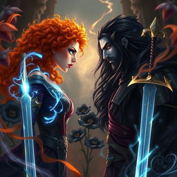 An epic fantasy scene featuring a powerful enchantress with curly orange hair, one blue eye and one green eye, facing off against an epic god with long wavy black hair