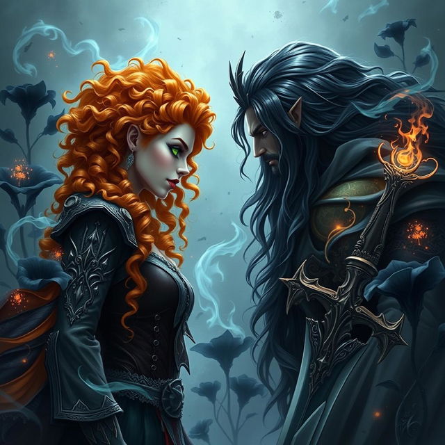 An epic fantasy scene featuring a powerful enchantress with curly orange hair, one blue eye and one green eye, facing off against an epic god with long wavy black hair