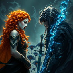 An epic fantasy scene featuring a powerful enchantress with curly orange hair, one blue eye and one green eye, facing off against an epic god with long wavy black hair