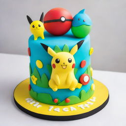 A vibrant Pokemon-themed birthday cake, the crown garnished with the likes of Pikachu and Bulbasaur playfully prancing around a sugary Poké Ball