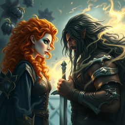 An epic fantasy scene featuring a powerful enchantress with curly orange hair, one blue eye and one green eye, facing off against an epic god with long wavy black hair