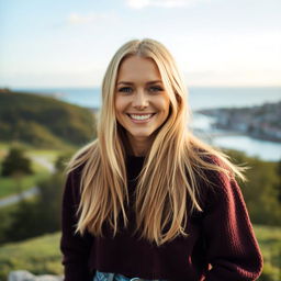 A 35-year-old woman embodying the ideal of beauty and style for a man from Denmark