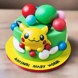 A vibrant Pokemon-themed birthday cake, the crown garnished with the likes of Pikachu and Bulbasaur playfully prancing around a sugary Poké Ball