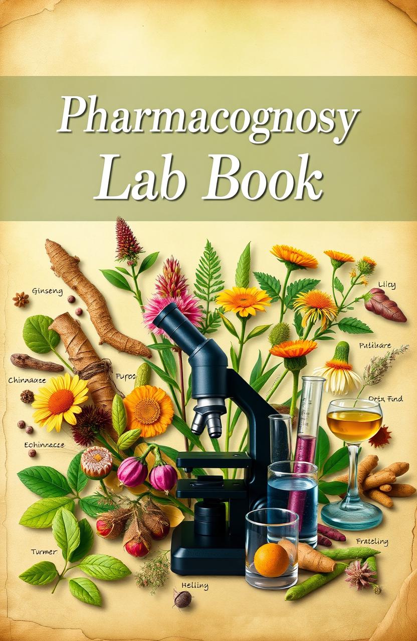 A visually stunning cover picture for a lab book focused on pharmacognosy, featuring an array of medicinal plants such as ginseng, echinacea, and turmeric with detailed, labeled botanical illustrations