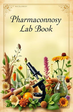 A visually stunning cover picture for a lab book focused on pharmacognosy, featuring an array of medicinal plants such as ginseng, echinacea, and turmeric with detailed, labeled botanical illustrations