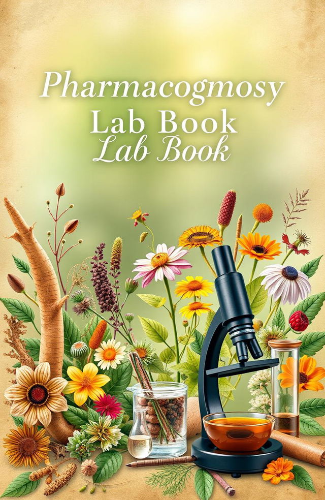 A visually stunning cover picture for a lab book focused on pharmacognosy, featuring an array of medicinal plants such as ginseng, echinacea, and turmeric with detailed, labeled botanical illustrations