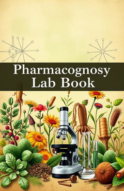 A visually stunning cover picture for a lab book focused on pharmacognosy, featuring an array of medicinal plants such as ginseng, echinacea, and turmeric with detailed, labeled botanical illustrations