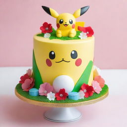 A stunning Pokemon-themed cake, decorated elegantly with Pokemon like Pikachu and Eevee, alongside detailed, edible flowers and ribbons; stunningly accentuated with a gleaming Poké Ball at the pinnacle