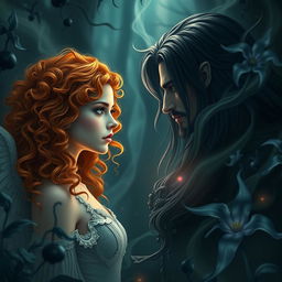 A realistic and epic scene depicting a natural and angelic enchanteress with curly orange hair, complemented by one blue eye and one green eye