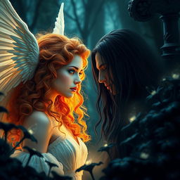 A realistic and epic scene depicting a natural and angelic enchanteress with curly orange hair, complemented by one blue eye and one green eye
