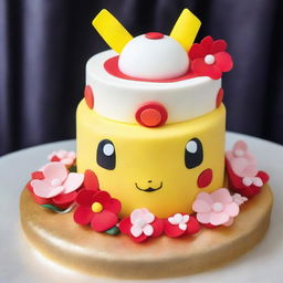 A stunning Pokemon-themed cake, decorated elegantly with Pokemon like Pikachu and Eevee, alongside detailed, edible flowers and ribbons; stunningly accentuated with a gleaming Poké Ball at the pinnacle