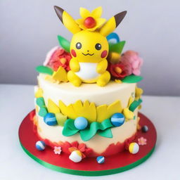 A stunning Pokemon-themed cake, decorated elegantly with Pokemon like Pikachu and Eevee, alongside detailed, edible flowers and ribbons; stunningly accentuated with a gleaming Poké Ball at the pinnacle