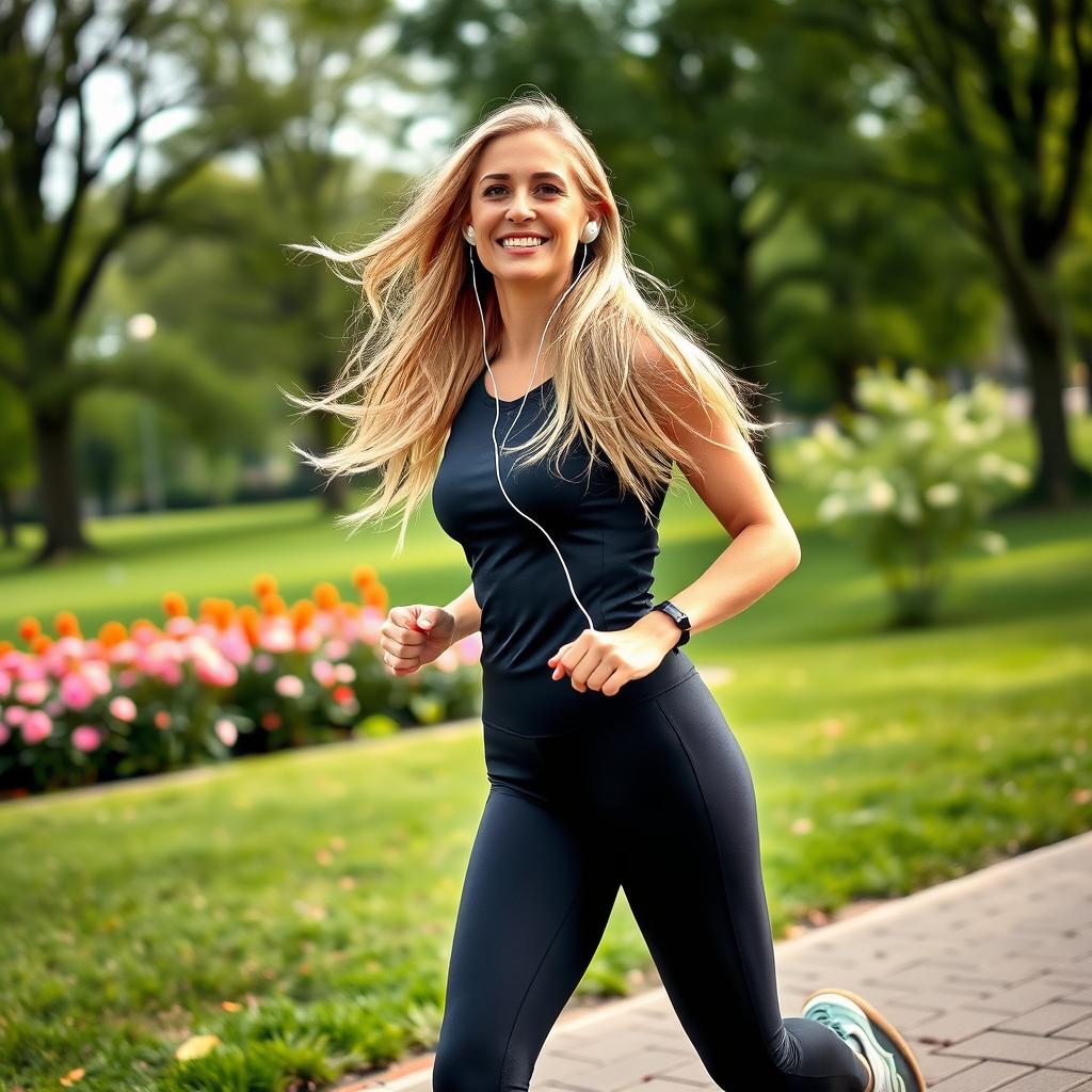 A 35-year-old woman who embodies elegance and activity, with long light hair freely falling on her shoulders and a bright smile