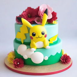 A stunning Pokemon-themed cake, decorated elegantly with Pokemon like Pikachu and Eevee, alongside detailed, edible flowers and ribbons; stunningly accentuated with a gleaming Poké Ball at the pinnacle