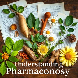 A detailed and captivating representation of pharmacognosy, showcasing various medicinal plants and their botanical characteristics