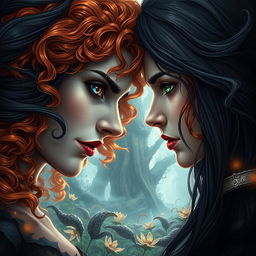 A stunning and epic romance fantasy book cover featuring a badass enchantress with curly orange hair, showcasing one blue eye and one green eye