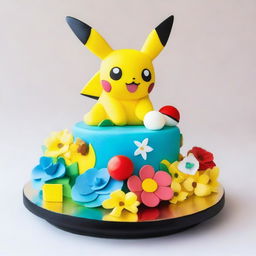 A gorgeous Pokemon-themed birthday cake, masterfully decorated with beloved Pokemon such as Pikachu and Eevee surrounded by delicate, edible flowers and a glossy Poké Ball centerpiece atop