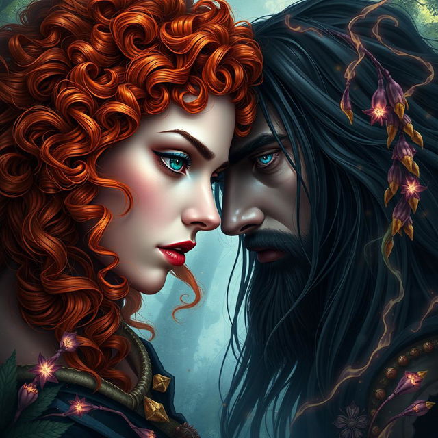 A stunning and epic romance fantasy book cover featuring a badass enchantress with curly orange hair, showcasing one blue eye and one green eye