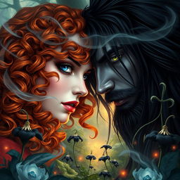 A stunning and epic romance fantasy book cover featuring a badass enchantress with curly orange hair, showcasing one blue eye and one green eye