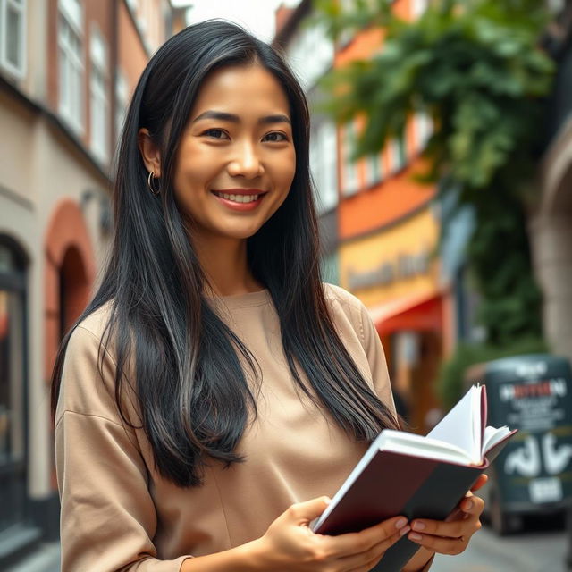 A confident and stylish 35-year-old Asian woman radiating warmth and charm