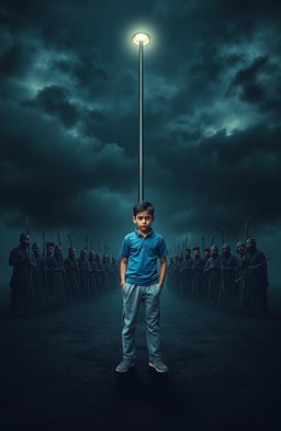 A chilling horror book cover featuring a 15-year-old boy standing under a flickering light pole