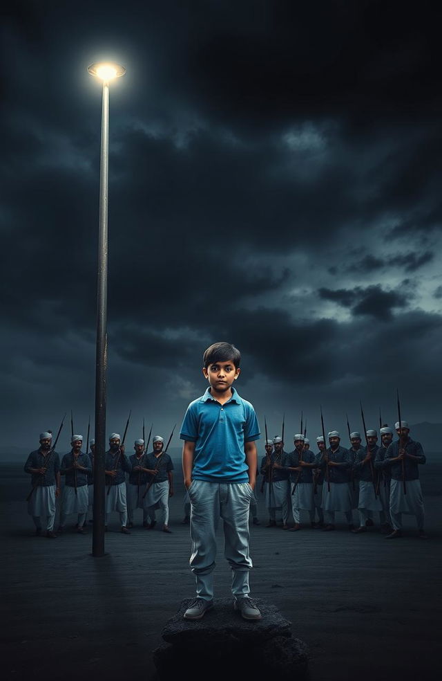 A chilling horror book cover featuring a 15-year-old boy standing under a flickering light pole