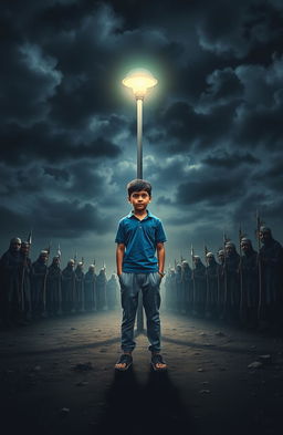 A chilling horror book cover featuring a 15-year-old boy standing under a flickering light pole