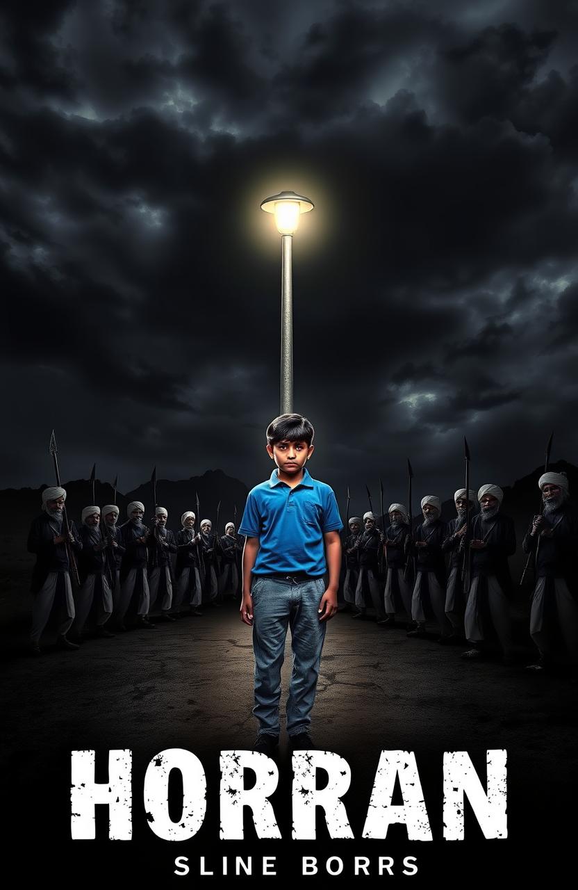 A chilling horror book cover featuring a 15-year-old boy standing under a flickering light pole